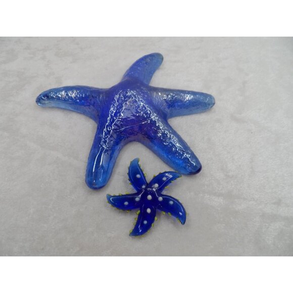 Iridescent Blue Glass Starfish with Small Blue Glass Starfish Set of 2 Coastal - Picture 1 of 7
